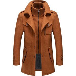 Men's Yellow Wool Blend Coat Warm Winter Trench Coat With Detachable Soft Scarf